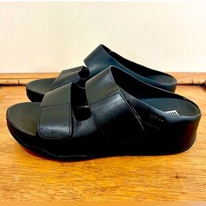 Fitflop Women’s SHUV Adjustable Two-Bar Black Leather Slides Sandals 8